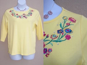 Quacker Factory NEW top tee shirt size M floral embroidery yellow multi blouse - Picture 1 of 12