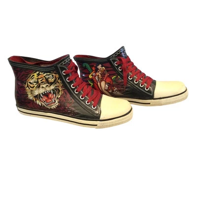 Vintage Ed Hardy High Top Sneakers US 9 EU 40 Shoes Y2K Tiger Pin-up Red Tattoo - Image 1 of 4