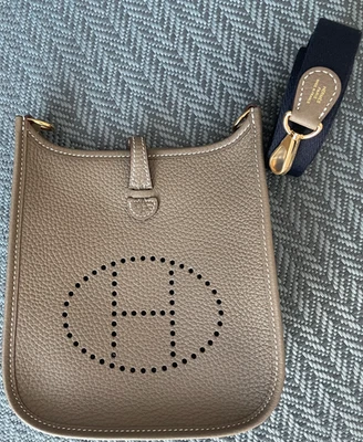 NEW HERMÈS Hermes Mini Evelyne TPM 16 Etoupe & Bleu indigo Crossbody Bag GHW - Image 1 of 4