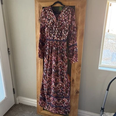 Vestido maxi vintage ModCloth vermelho/multi floral manga completa aplique floral GG  - Imagem 1 de 4