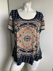 Lucky Brand Top Scoop Neck Short Sleeve T-Shirt Size 1X Navy Blue Boho Mandala - Picture 1 of 4