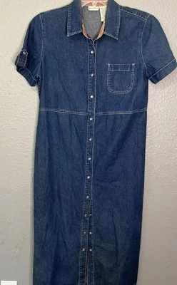 VTG White Stag Denim Pearl Snap Maxi Dress Sz L Blue Western Pockets Minimalist - Image 1 of 4