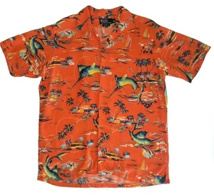 POLO Ralph Lauren Hawaiian Shirt Vtg Orange Swordfish Marlin Fish Rayon Aloha MD - Picture 1 of 9