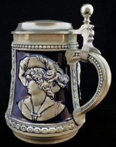 Piedra de cerveza alemana vintage con tapas de peltre Gerz #24 azul cobalto gris sal esmaltada - Imagen 1 de 5