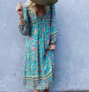 R Vivimos NUOVO abito midi blu acqua floreale manica lunga bohemien donna L 12-14 - Foto 1 di 13