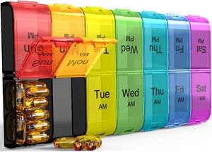 Extra Large Pill Organizer 2 Times a Day Weekly XL AM PM Pill Case 7 Day Rainbow - Picture 1 of 11