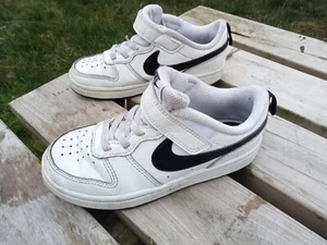 Size 12c - Nike Court Borough White Trainers Sneakers Black Swoosh - Picture 1 of 6