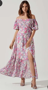 ASTR The Label Maxi Dress Womens Medium Pink Floral Valora Off The Shoulder NWT - Picture 1 of 14