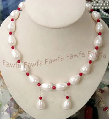 Juego de aretes collar coral rojo perla concha de lágrima blanca del mar del Sur 12x16 mm Foto 1 de 3