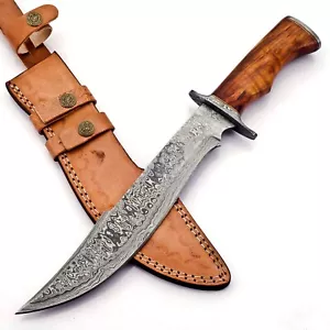 Handmade Damascus Steel Bowie Knife -38cm Wood Handle With Leather Sheath BK161 - Picture 1 of 10
