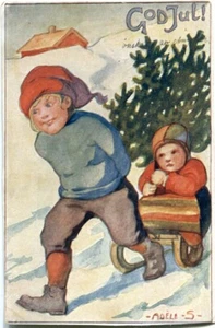 Postal Artista NAVIDAD, GOD JUL!! Niños, trineo, árbol de Navidad 1908 - Imagen 1 de 1