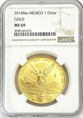 2014 MO GOLD MEXICO 1oz ONZA LIBERTAD WINGED VICTORY COIN NGC MS 69 - Image 1 of 2