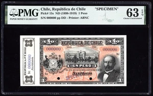 Chile 1 Peso Specimen 1898-1919 P15s PMG Choice Uncirculated 63 EPQ - Picture 1 of 4