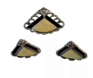 Orecchini pendenti e clip vintage smaltati spilla set 3 pezzi a forma di ventaglio - Foto 1 di 8