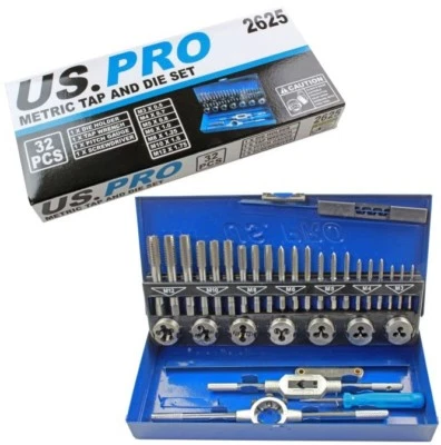 US PRO 32pc METRIC TAP & DIE SET M3 M4 M5 M6 M8 M10 M12 taper plug bottoming - Image 1 of 3