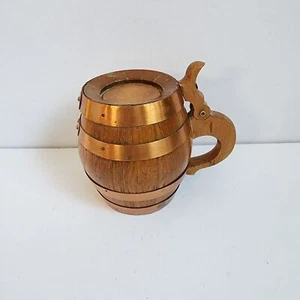 Vintage Wood Barrel Copper Band Beer Stein Hinged Lid - Picture 1 of 7