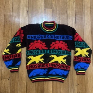 Kids Dinosaur Knit Sweater Vintage ColorBlack Red Green Animal Print Acrylic USA - Picture 1 of 4