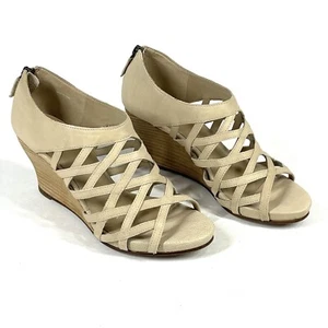 Eileen Fisher Sandals Womens 7 Beige Tan Caged Strappy Leather Wedge Bohemian - Picture 1 of 11