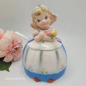 Vintage 1950's Lefton Dutch Girl Jam Jar Japan Sugar Bowl - Picture 1 of 10
