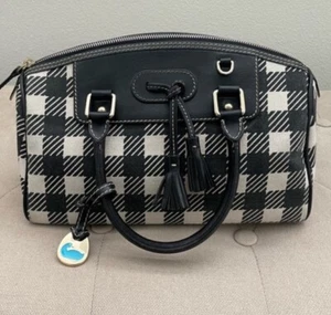 Dooney & Bourke Bag Black White Checker Canvas Leather Trim Top Handle Satchel - Picture 1 of 11