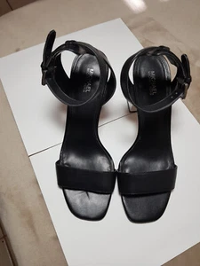 Michael Kors Black Leather Strappy Sandal Size 8 M Platform Thick Heels - Picture 1 of 3
