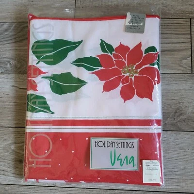 Holiday Settings Poinsettia Tablecloth 60" X 84" Red White Green VTG Christmas  - Image 1 of 4
