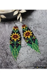 Tribal Earrings Native Large Boho American Seed Beads Handmade Earring - Picture 1 of 2