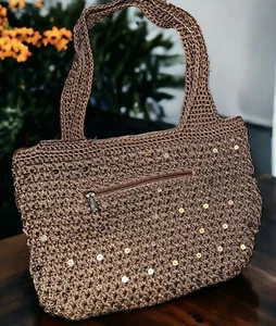 The Sak Beige Crochet Shoulder Bag Brown Beige Sequins Pockets In And Out Great - Picture 1 of 6
