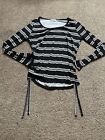 Wo’s XL Full Circle Trends Long Sleeve Black & White Striped Side Bunch Blouse