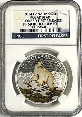 2014 Canada $20 1oz Fine Silver Polar Bear Colorized FR NGC PF 69 Ultra Cameo - Image 1 of 2