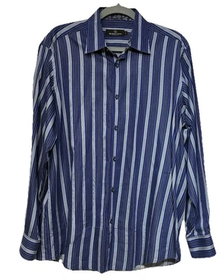 BUGATCHI Men’s L Shirt Blue Stripe Paisley Trim Luxury Button Front Long Sleeve - Image 1 of 4