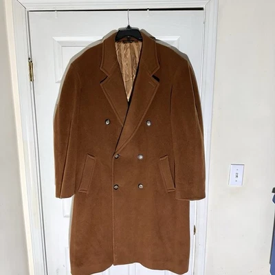 Vtg Mens Wool Cashmere Blend Overcoat Double Breasted Brown Size XL 40s Italian - Image 1 of 4