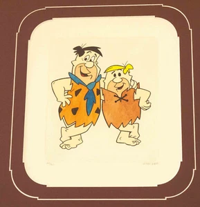 Original Ltd Ed Handpainted Etching Fred Flintstone Barney Rubble XLarge 24/500 - Picture 1 of 2