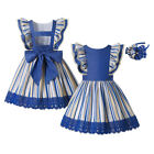 Blue Girls Spanish Dress Striped Party Wedding Pageant Ruffled Dresses Summer