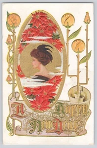 Postcard Happy New Year Art Nouveau Flowers & Lady Gold Gilt Embossed 1910 - Picture 1 of 2