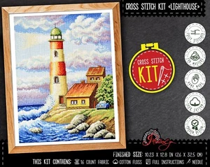 Seascape Counted Cross Stitch Kit Lighthouse - DIY Hand Embroidery Kit - Picture 1 of 9