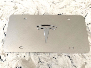 3D Tesla Logo Mirror Chrome Stainless Steel Front License Plate + Caps