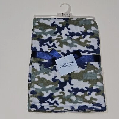 NEW Cutie Pie Blue Green Camouflage Fleece Baby Blanket Lovey Camo 30" x 36" - Image 1 of 4