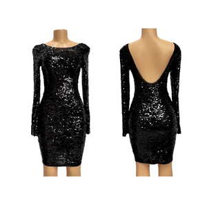 BCBG MAXAZRIA Kamila Black Lined Sequined Long Sleeve Dress Low Back Backless XS - Picture 1 of 18