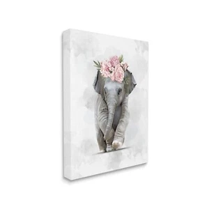 Stupell Industries Adorable Baby Elephant Eye-Catching Pink Flower Crown, Des... - Picture 1 of 4