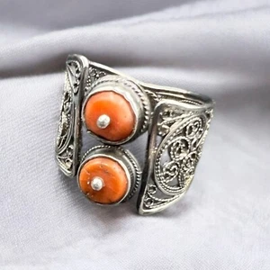 antique russian Imperial Rare EXCLUSIVE SILVER 84 Natural salmon coral ring - Picture 1 of 16
