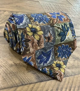 Cravatta uomo floreale marrone boho seta blu struttura fiori USA 55,25" x 3 3/4" - Foto 1 di 8