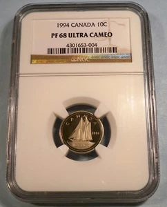 1994 10c CANADA NGC PF 68 ULTRA CAMEO DIME PROOF BLUENOSE PR 68 - Picture 1 of 3