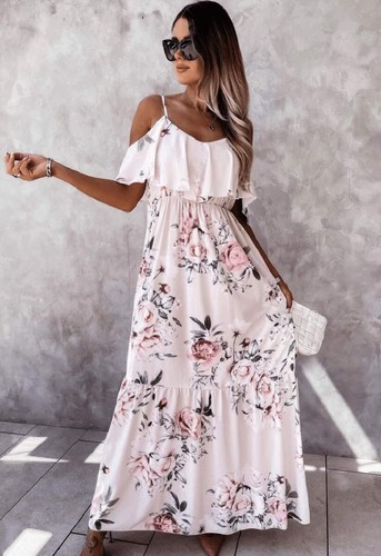OFF WHITE Maxi abito donna parigino bianco sporco floreale dettaglio arricciato spalle fredde