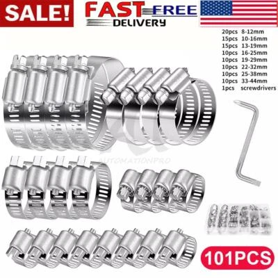AUTOMATIONPRO 101pcs Adjustable Hose Clamps 8 Sizes Worm Gear Stainless Steel Clamp Assortment