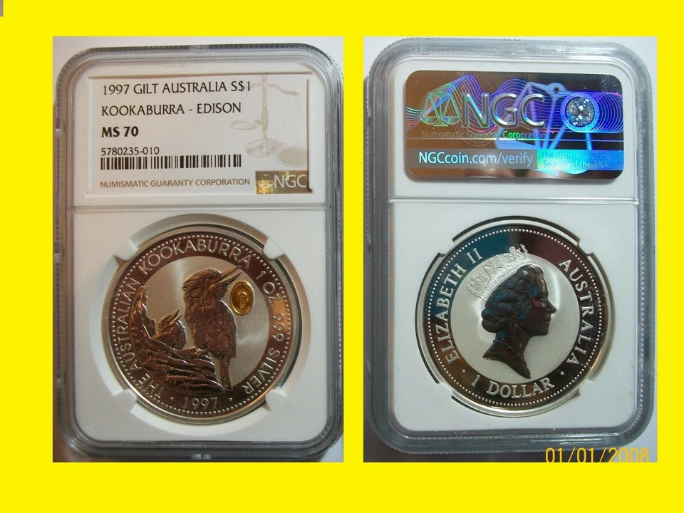 1997 Australia Kookaburra GOLD EDISON privy 1 oz Silver NGC ms 70 Rare POP 4 - Image 1 of 1
