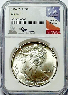 1986 $1 Silver American Eagle NGC MS70 - John Mercanti Hand Signed - Image 1 of 2