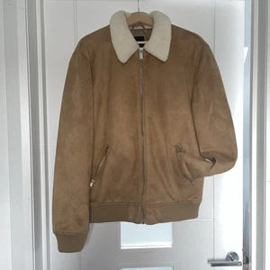 River Island Faux Suede Bomber Aviator Jacket With Fleece Collar L Quilted - Picture 1 of 2