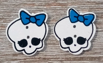 2 Skull Sewing Buttons Crafting w/Blue Bow Flat Wood 2 Holes .75" - Image 1 of 2