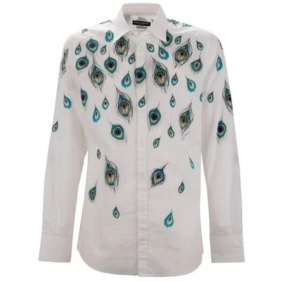 DOLCE & GABBANA Павлин перо печать хлопковая рубашка золото белый 41 16 M L  - Изображение 1 из 4
